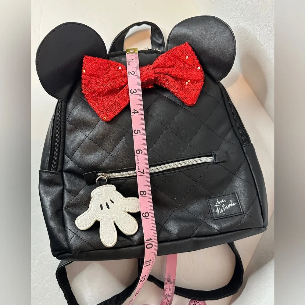 Disney Minnie Mouse Black Quilted Backpack W/ Ear Accents & Red Sequined Bow